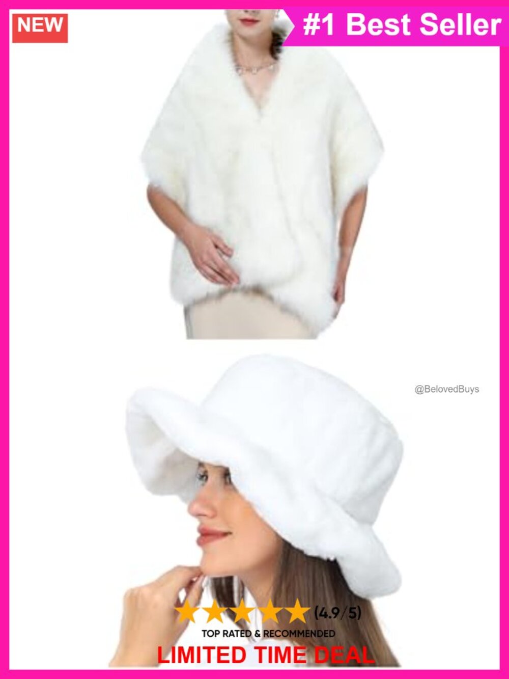 Faux Fur Long Shawl & Hat 2pc Set Quilted Lined One Size Winter
